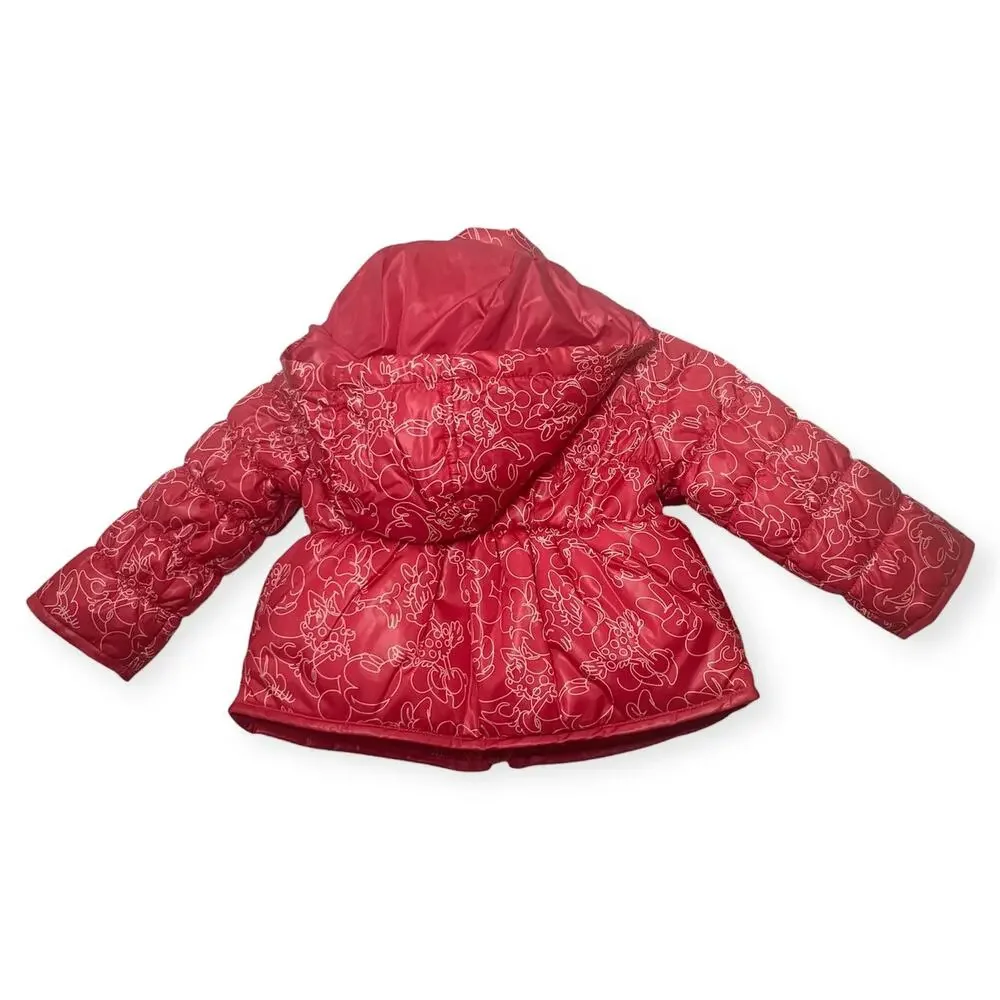 Disney Minnie Mouse Pink Puffer Jacket Toddler Girl Hooded Fleece Lined Coat 2T